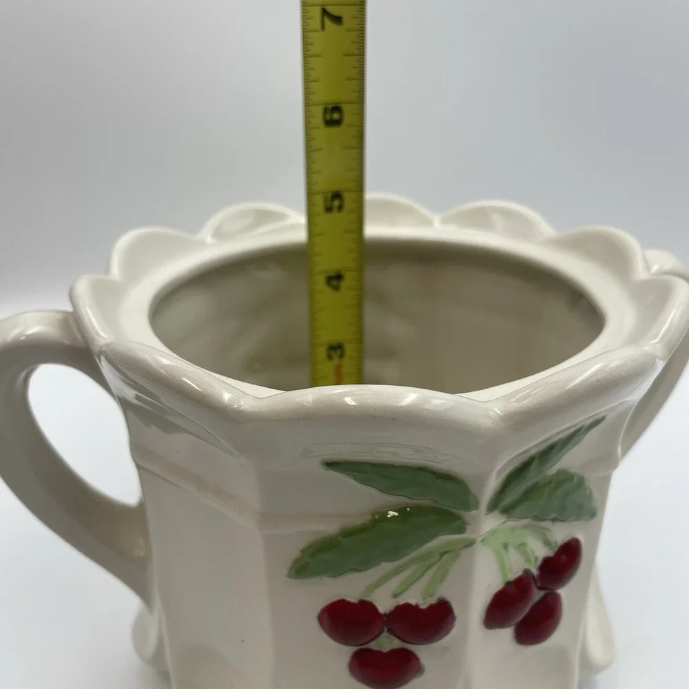 Vintage Hand‎ painted White Ceramic Cookie Jar With Lid -Red Cherries Thumbprint